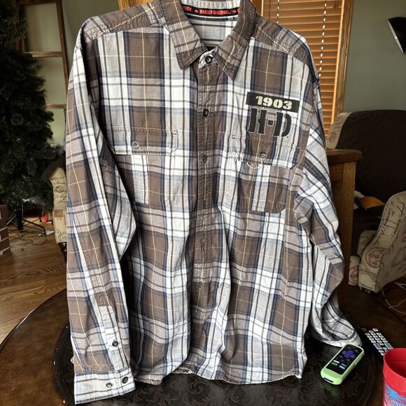 Harley Davidson Shirt Button Up Short Sleeve Brown Mechanic Biker Men's XL - Picture 2 of 8